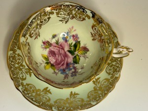 lot 7 image: Antique PARAGON Hand Painted Pink Cabbage Rose Teacup & Saucer Her Majesty the Queen