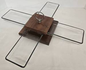 lot 115 image: Mid Century Wood Turn Table & 4 Glass Serving Trays