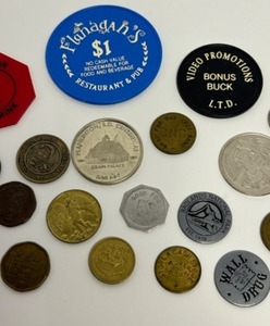 lot 230 image: Vintage Token Trading COINS Plastic Pieces Business Advertisement POKEMAN Wizard