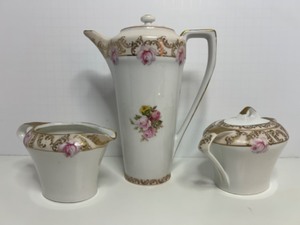 lot 92 image: Antique JHR Limoges Germany CHOCOLATE POT Set w Cream & Sugar HUTSCHENREUTHER