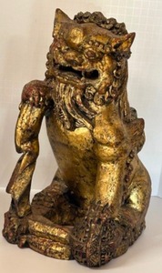 lot 1 image: Pair of Antique FOO DOGS Chinese Sculptures Wood Guardian Lions