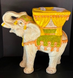 lot 60 image: Vintage MCM Plaster Elephant Colorful Painted Planter Side Table