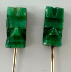 lot 241 image: Vintage Carved JADE Tiki Heads Sterling Appetizer  Cocktail Picks- Qty 6