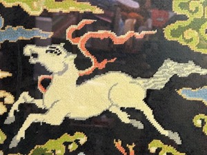 lot 213 image: Vintage NEEDLEPOINT Fantasy Flying Horse Mystical Framed Picture Tapestry Hand Stitched