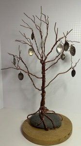 lot 263 image: Vintage Artist Created COPPER Twist Tree w Silver Plated SPOON Hammered Verse Ornaments Sculpture