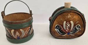 lot 193 image: Vintage Toleware Swedish Mini Bucket & Canteen & 3 Wood Spoons 