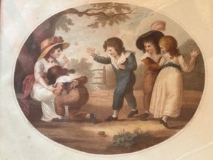 lot 93A image: Antique 1785 Print by F. Bartolozzi Sepia Tone & Colored Etching PLAYING AT HOT COCKLES W. Hamilton Framed