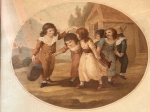 lot 93B image: Antique 1785 Print by F. Bartolozzi Sepia Tone & Colored Etching PLAYING AT THREAD THE NEEDLE W. Hamilton Framed