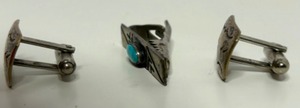 lot 300 image: Vintage American Western Silver & Turquoise Mens Jewelry Set Tie Clip and Cuff Links