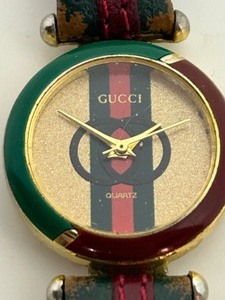 lot 301 image: Vintage GUCCI Classic Green & Red Classic Wrist Watch Leather Band