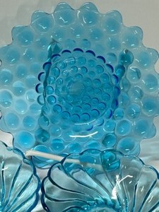 lot 308 image: Vintage Collectible Blue Glassware & One Pink Plate of Various Patterns and Shapes