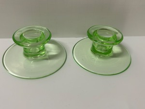 lot 309 image: Vintage Uranium Glass Candlestick Holders Pair Green Glass