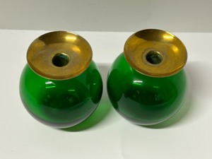 lot 317 image: Rare GUNNER ANDER Swedish Lindshammer Light Balls Candleholders in Emerald Green Glass & Brass