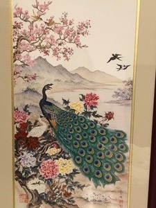 Framed Original Oriental Peacock Artwork on Silk by Wei Tseng Yang
