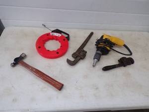 lot 123 image: Sheet Rock Drill, Hammer, Snake and pipe wrenches
