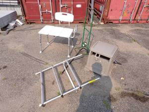 lot 142 image: Shower Chair, 2 wheel Cart, Hose Reel and Boat Ladder