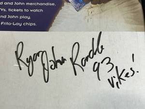 lot 26 image: Vintage John Randle and Brad Johnson Autographed Pepsi House Party Poster in 18.25 x 24.25 Frame