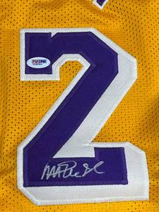 lot 34 image: Magic Johnson #32 Los Angeles Lakers Autographed Jersey with PSA COA (Size XL)