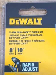 lot 34 image: New DeWALT V-Jaw Push Lock 8 & 10 Pliers Set Model # DWHT82793  DWHT82794 06262412