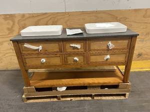 lot 3 image: HOME DECORATORS COLLECTION 60 in. W x 22 in. D x 34.5 in. H Double Sink Freestanding Bath Vanity in Reclaimed Wood with Grey Engineered Stone Top