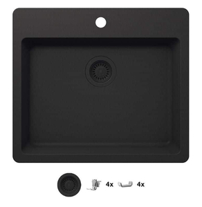 lot 110 image: GLACIER BAY Stonehaven 25 in. Drop-In Single Bowl Black Onyx Granite Composite Kitchen Sink with Black Strainer
