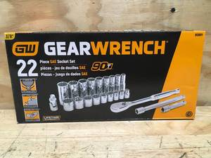lot 165 image: Gearwrench 22 Piece 38 Drive 12 Point Standard & Deep SAE Socket Set Model # 80691 (Retail $84.99)
