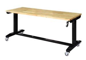 lot 1A image: HUSKY 62 in. W x 24 in. D Adjustable Height Solid Wood Top Workbench Table in Black