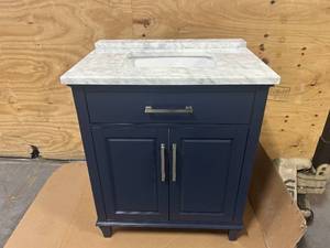 lot 3A image: ALLEN  ROTH Brookview 30-in Royal Navy Undermount Single Sink Bathroom Vanity with Carrara Marble Natural Top and Backsplash (Retails for $1,199)