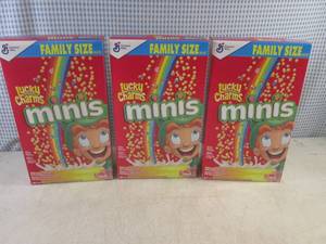 lot 246 image: (C-1) 3 Family Size Boxes Lucky Charms Minis Cereal Past Date