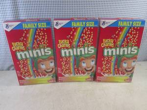 lot 247 image: (C-1) 3 Family Size Boxes Lucky Charms Minis Cereal Past Date