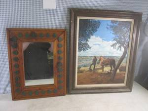 lot 6 image: (FS) Framed Painting 24 34 x 20 34 and Wood Framed Mirror 19 12 x 15