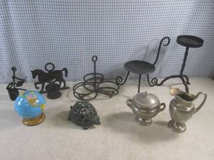 lot 22 image: (EW5) Vintage Cast Iron Turtle Candle Holder, Vintage Silver Plated Sugar & Creamer and Other Misc Metal Decor