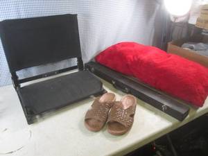 lot 40 image: (BR3) Empty Pool Cue Case, Pillow, Folding Seat, Shoes Size XL and Other Misc