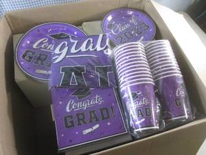 lot 163 image: (RMC) Box Full of Grad Decor Plates Cups Napkins Etc