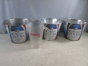 lot 199 image: (BSB) 3 Michelob Ultra Galvanized Buckets and Plastic Budweiser Pitcher