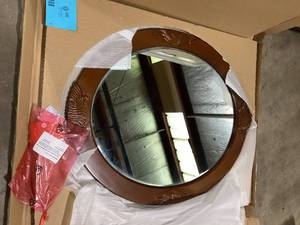 lot 1 image: Home Decorators Collection Winslow 30 in. W x 38 in. H Round Wood Framed Wall Bathroom Vanity Mirror in cherry Customer Returns See Pictures