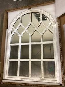 lot 22 image: Home Decorators Collection Medium Arched White Windowpane Antiqued Classic Accent Mirror (26 in. H x 36 in. W)    Customer Returns See Pictures