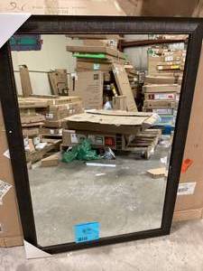 lot 31 image: Aldridge 23.5 in. W x 35.5 in. H Framed Rectangular Beveled Edge Bathroom Vanity Mirror in Bronze by Kate and Laurel  Customer Returns See Pictures