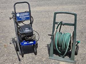 lot 407 image: Campbell Hausfeld 2200 PSI Gas Pressure Washer and Garden Hose on Reel