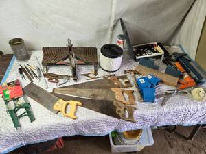 lot 439 image: Huge Lot of Tools and Other Items - Hand Saws, Xmas Light Cord HOlders, Miter Box