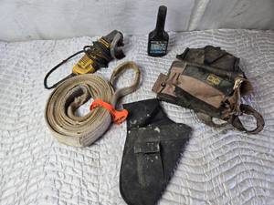 lot 451 image: Tow Strap, DeWalt Corded Grinder, Tool Belts