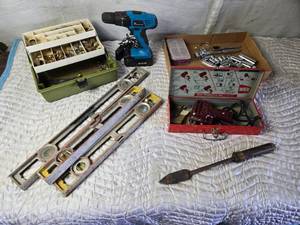 lot 458 image: Pipe Fittings, Soldering Iron, Levels, Cordless Drill, Sockets