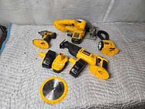 lot 466 image: Lot of DeWalt 18v Tools Reciprocating Saw, Impact Driver, Circular Saw, Light, 3 Batteries, No Charger