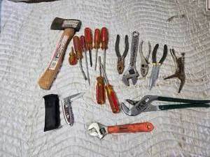 lot 215 image: Hatchet, Stanley Screwdrivers, Pliers, Adjustable Wrench and More