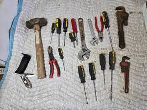 lot 210 image: Misc. Lot of Tools Screwdrivers, Hammer, Adjustable Wrenches, Small Pipe Wrench and More