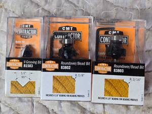 lot 174 image: Lot of 3 CMT Contractor Tools Router Bits - V Groove and 2 Different Round Overs
