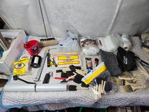 lot 169 image: Large Lot of Paint Brushes, Foam Brushes, Large Q Tips and Other Painting Supplies