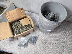lot 141 image: Pail of Joist Hangers, Nearly Full Box of Screws