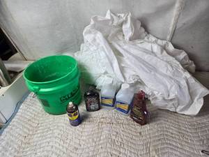 lot 127 image: WD40, Mineral Spirits, Drop Cloth, Pail, Metal Polish, Wax
