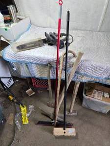 lot 121 image: Axe, Pick Axe, Squeegee, Electric Chainsaw, Brush
